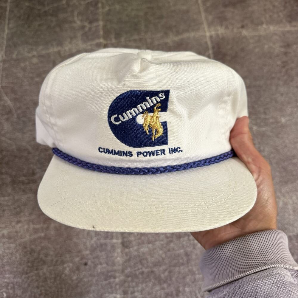 Men's Vintage 90's Cummins Power Inc White Blue Trucker Rope Adjustable Hat Cap